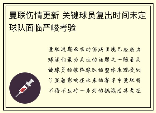 曼联伤情更新 关键球员复出时间未定球队面临严峻考验