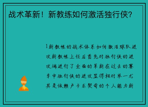战术革新！新教练如何激活独行侠？