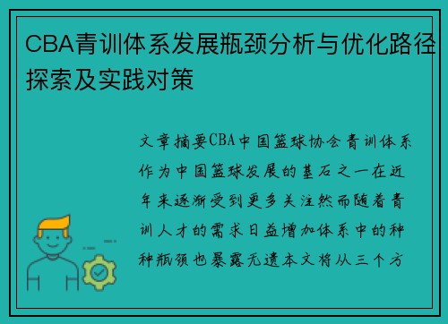 CBA青训体系发展瓶颈分析与优化路径探索及实践对策